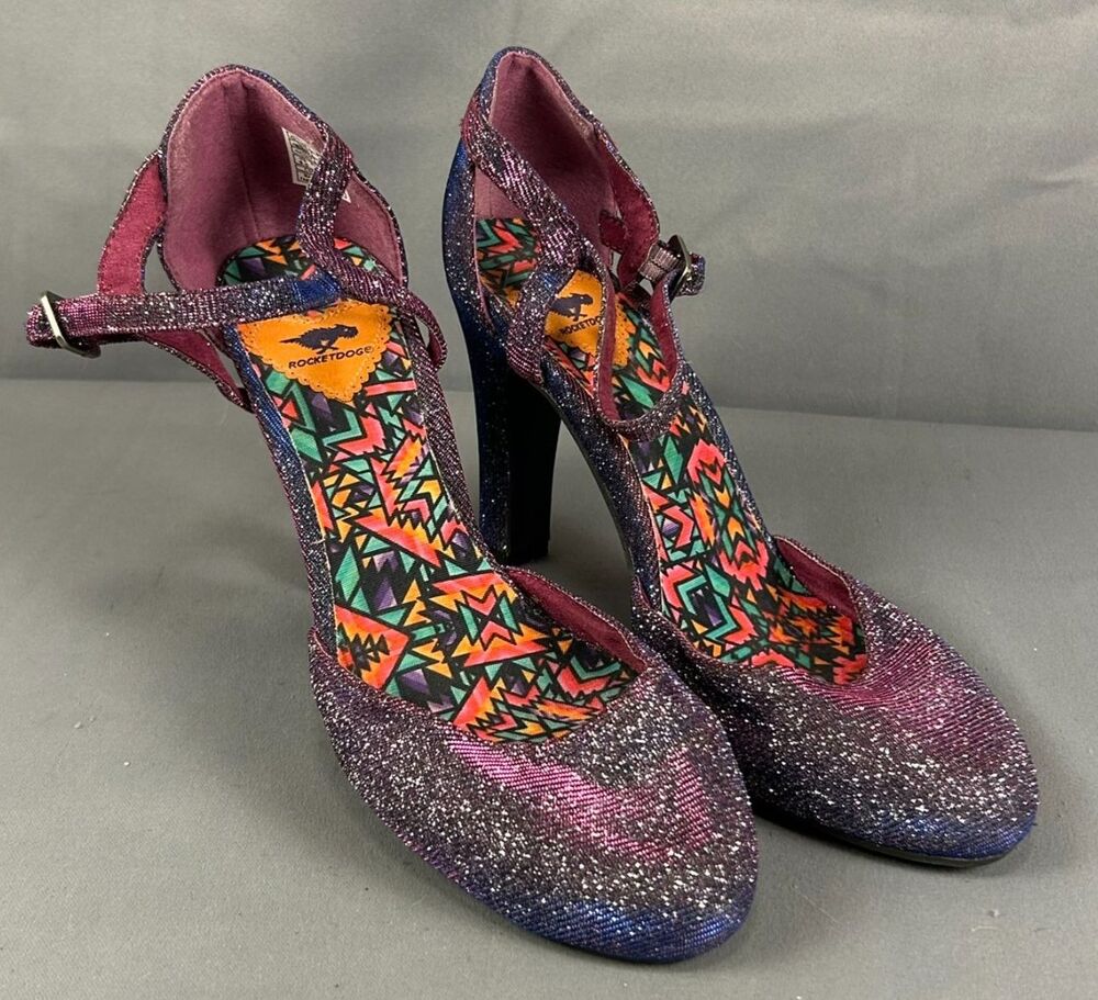 VTG Rocket Dog Y2K Glitter D'Orsay Ankle Strap Pumps Multi Color Heels 9.5M